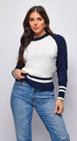 Tasha Color Block Long Cable Knit Long Sleeve Sweater Top Cream