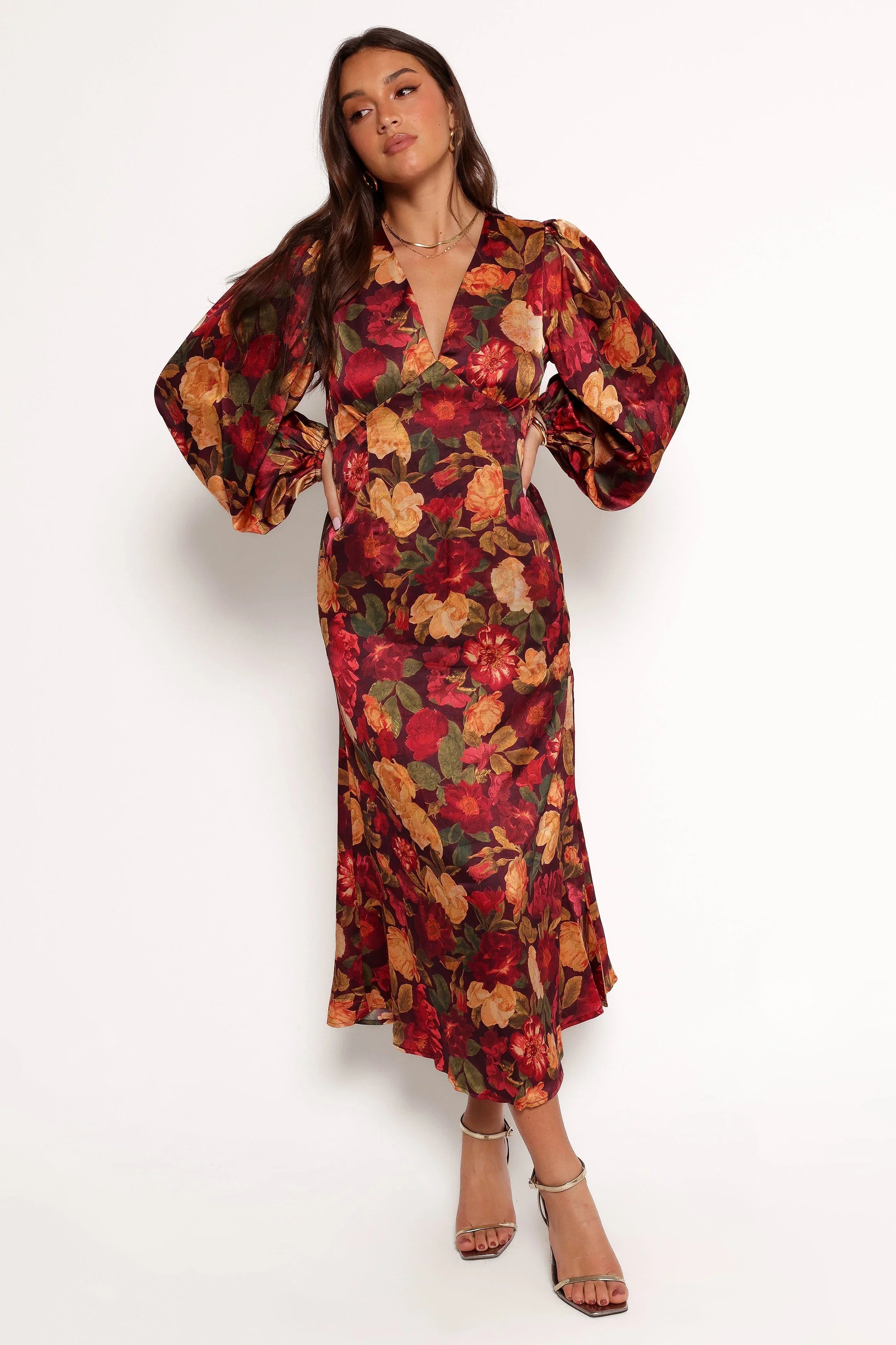 Zimmer Long Sleeve Maxi Dress Sangria Bloom