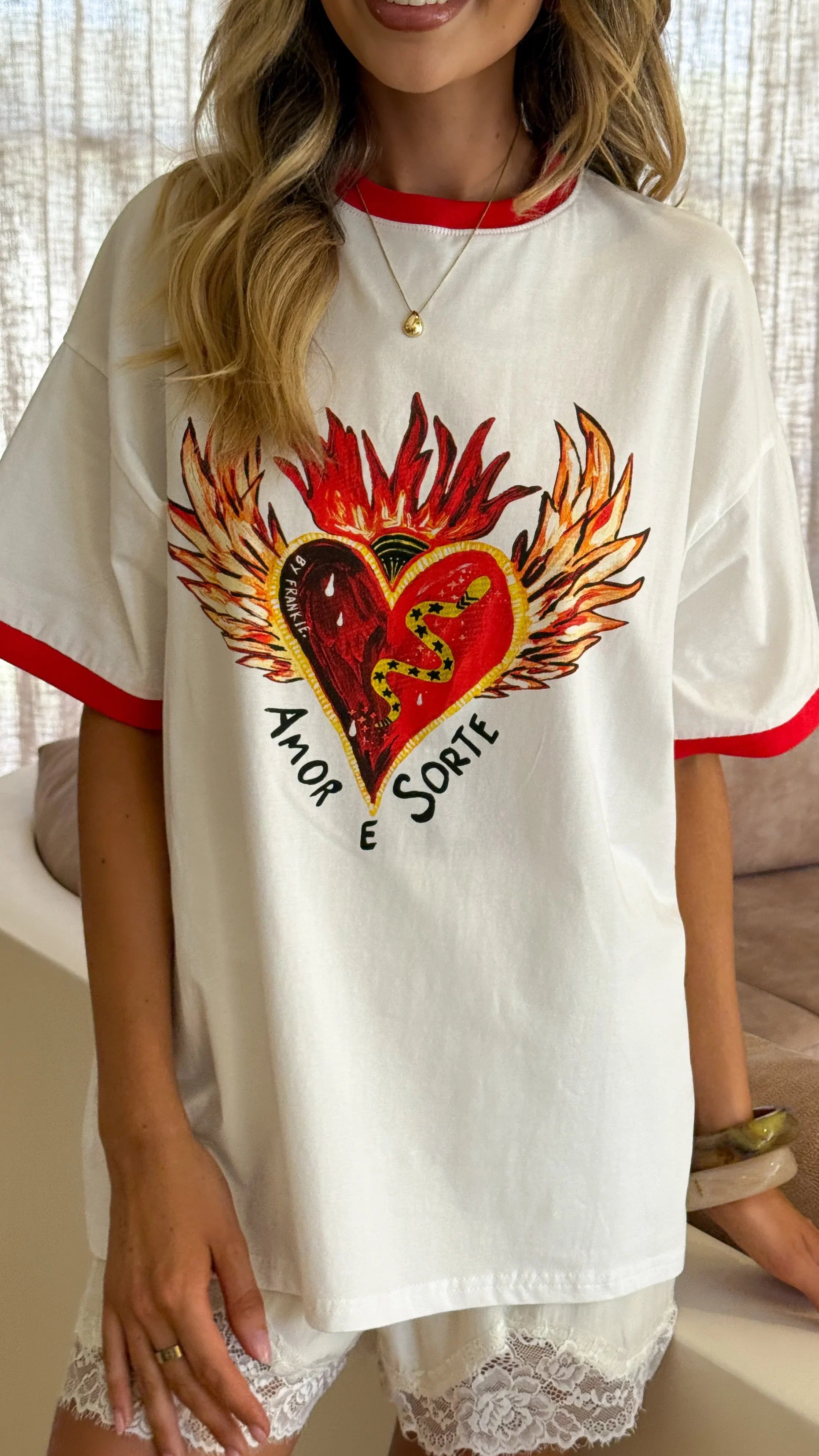 Amor E Sorte Oversized Tee White Red