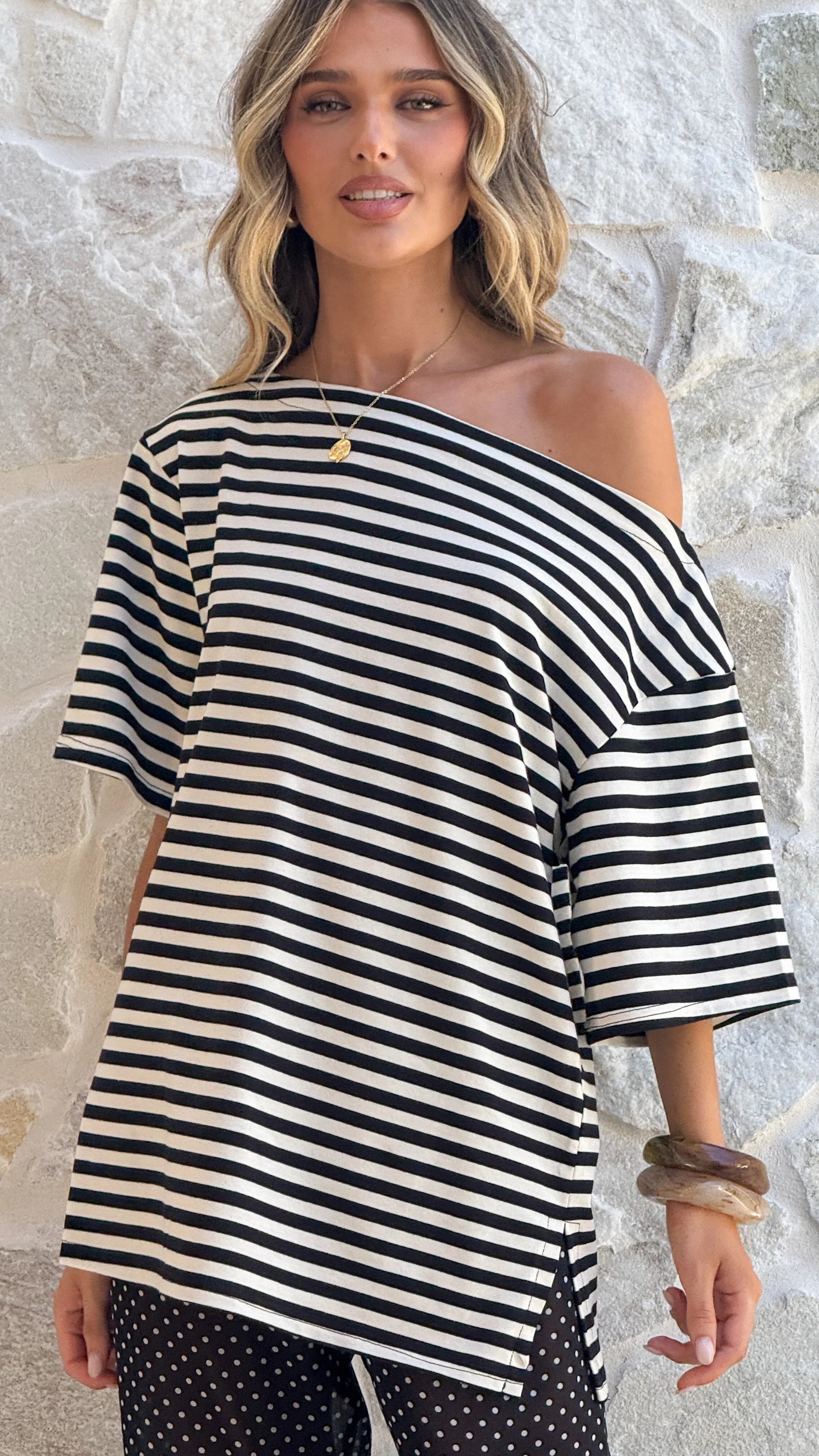 Pia One Shoulder Oversize Tee Black White Stripe
