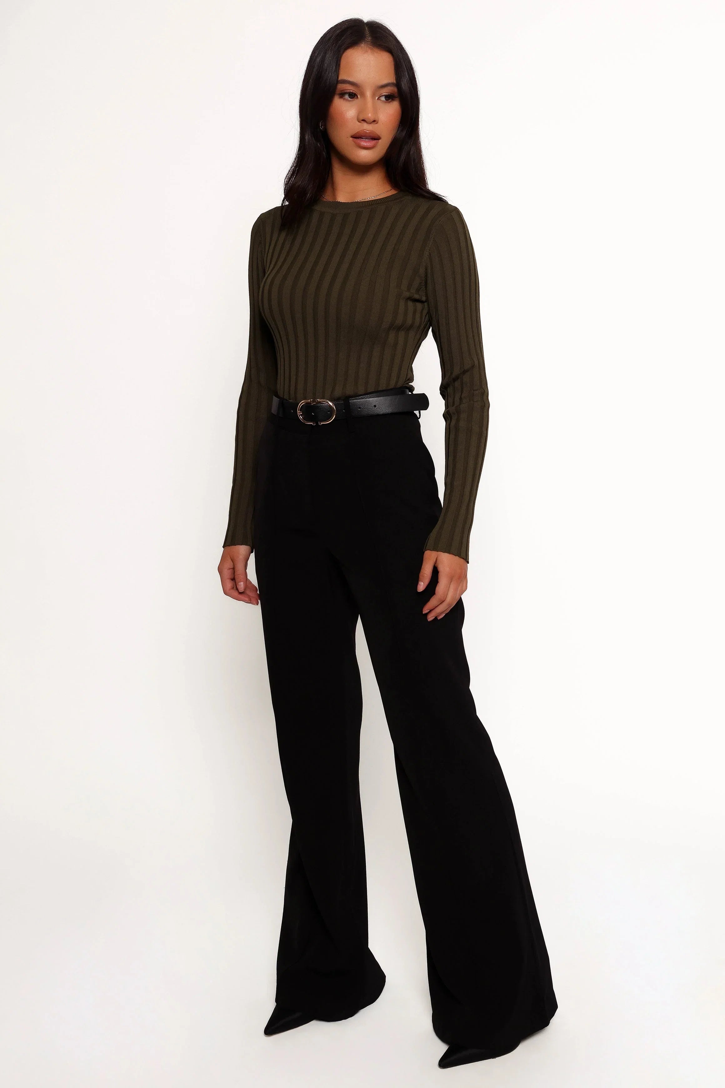 Aneesa Wide Rib Knit Top Dark Olive