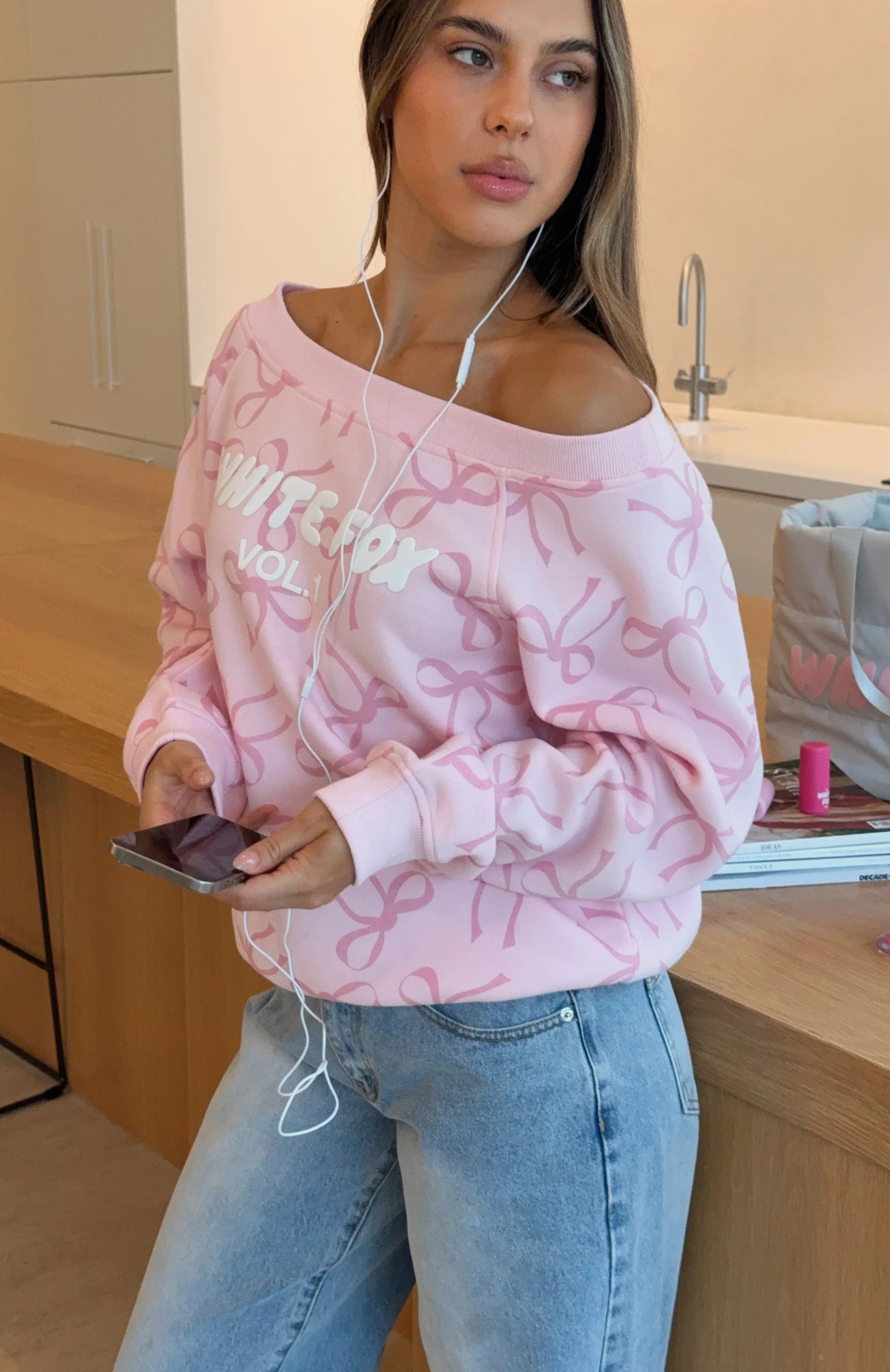 Vol 1 Off Shoulder Printed Sweater Posy Bow
