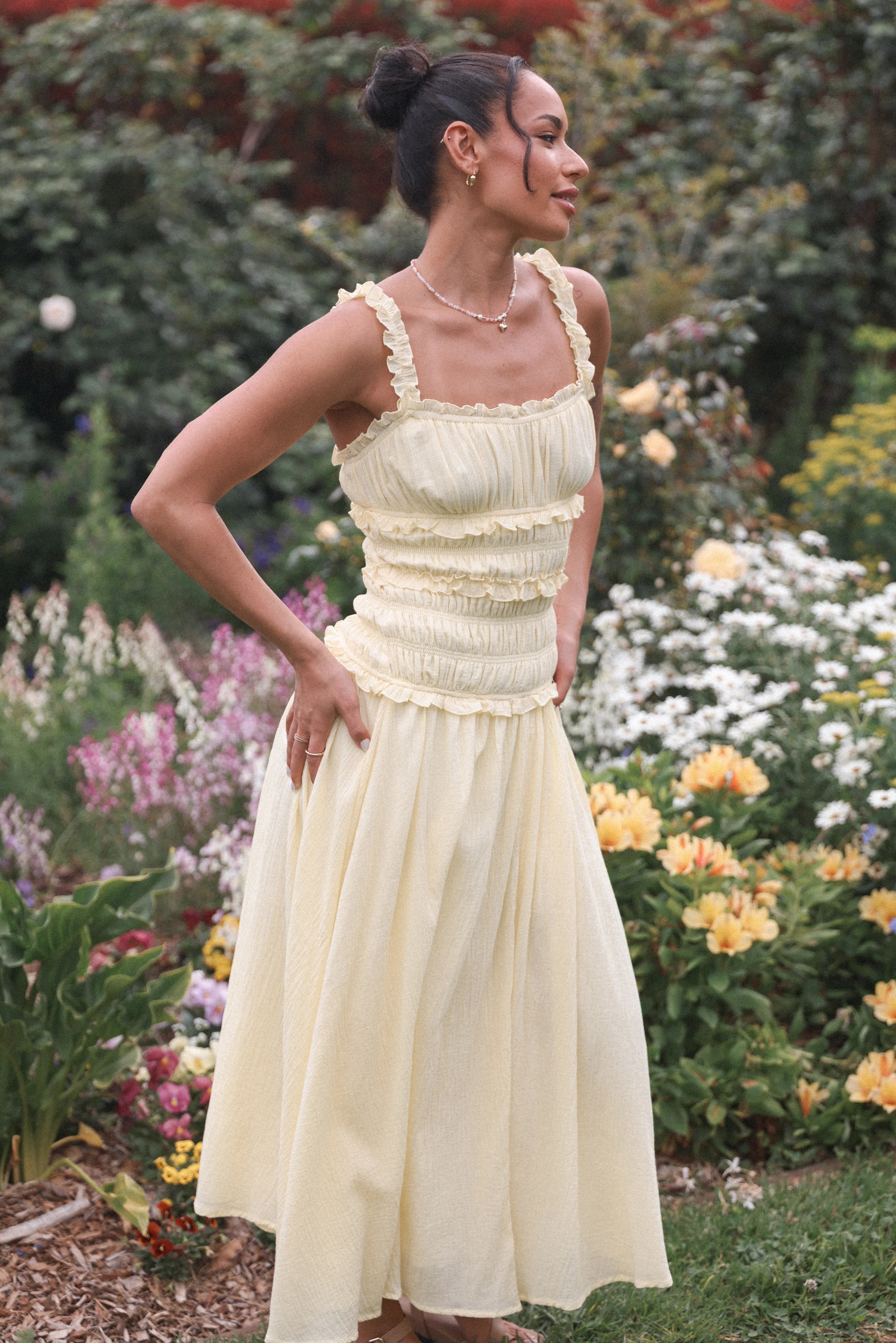Enola Gather Midi Dress Yellow