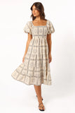 Soliel Puff Sleeve Midi Dress Beige Black
