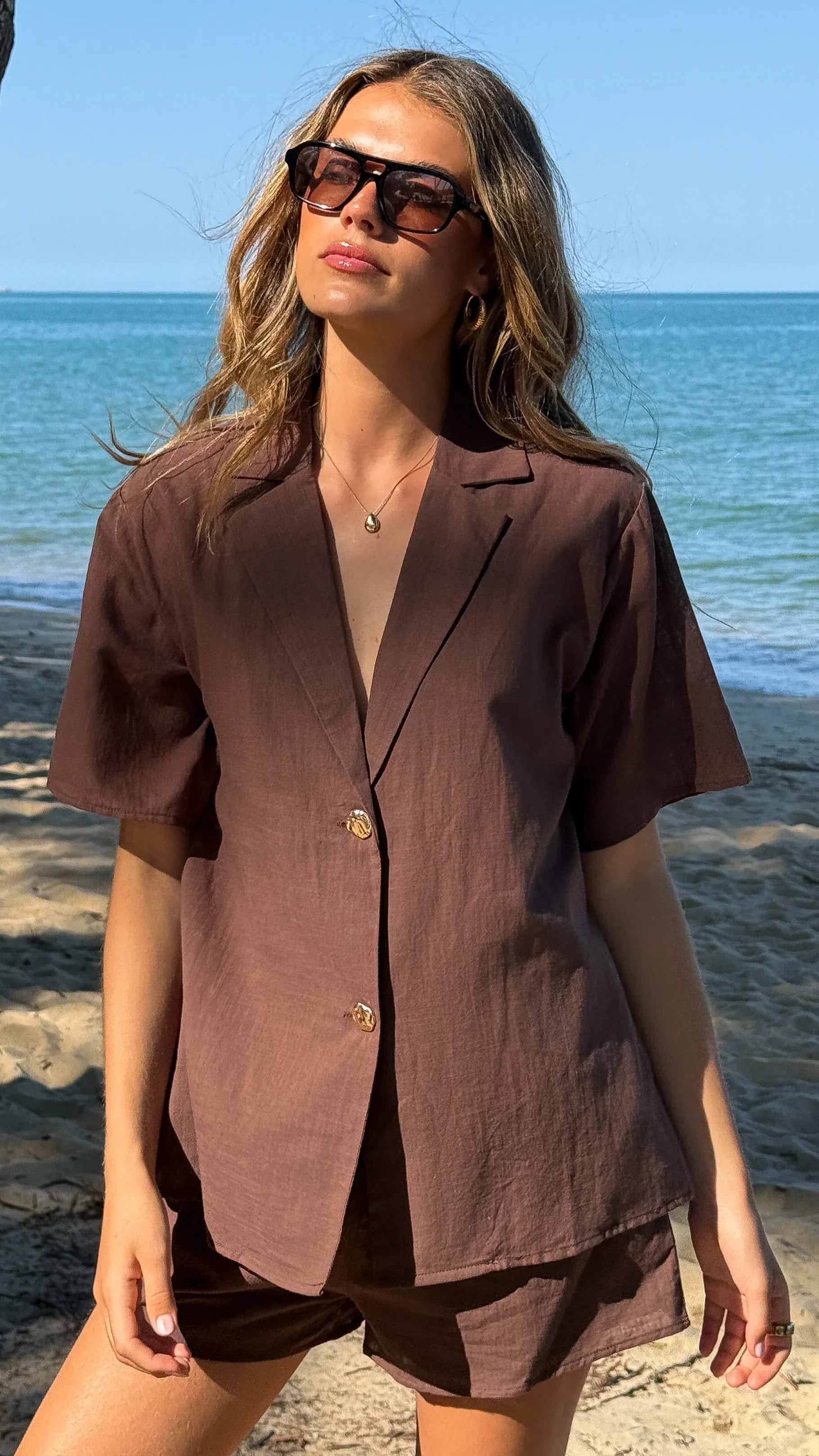 Nadine Shirt and Shorts Set Brown