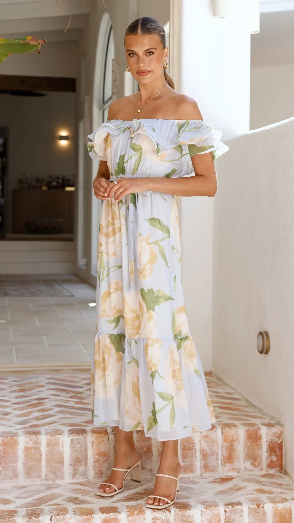Chase Off Shoulder Maxi Dress Blue Peach Floral