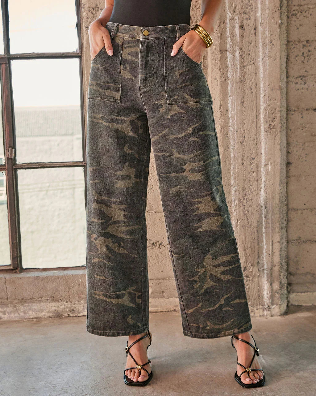 Polished Combat Rigid Straight Leg Camo Print Jeans