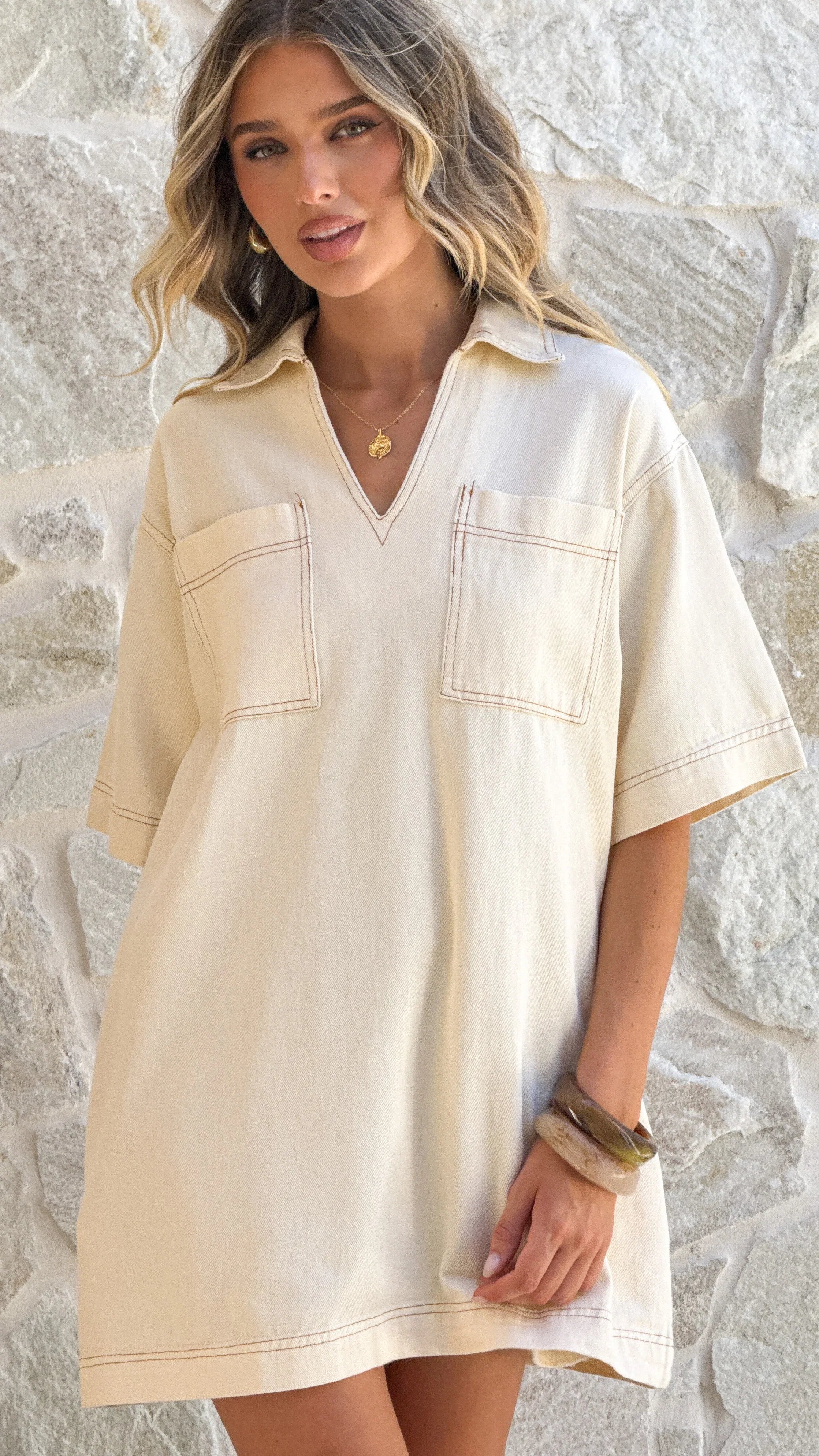 Ilia Denim Mini Dress Cream