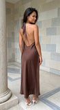 Mocha Muse Polka Dot Satin Maxi Dress Brown