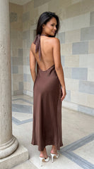 Mocha Muse Polka Dot Satin Maxi Dress Brown