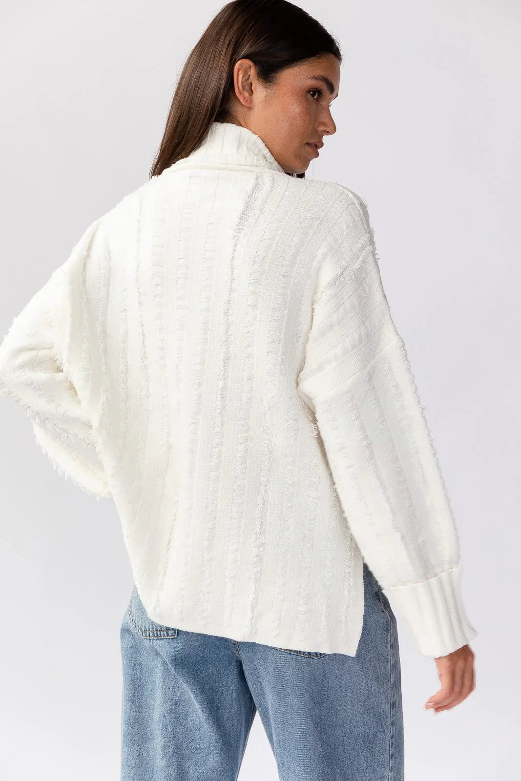 Dana Turtleneck Fringe Knit Sweater White