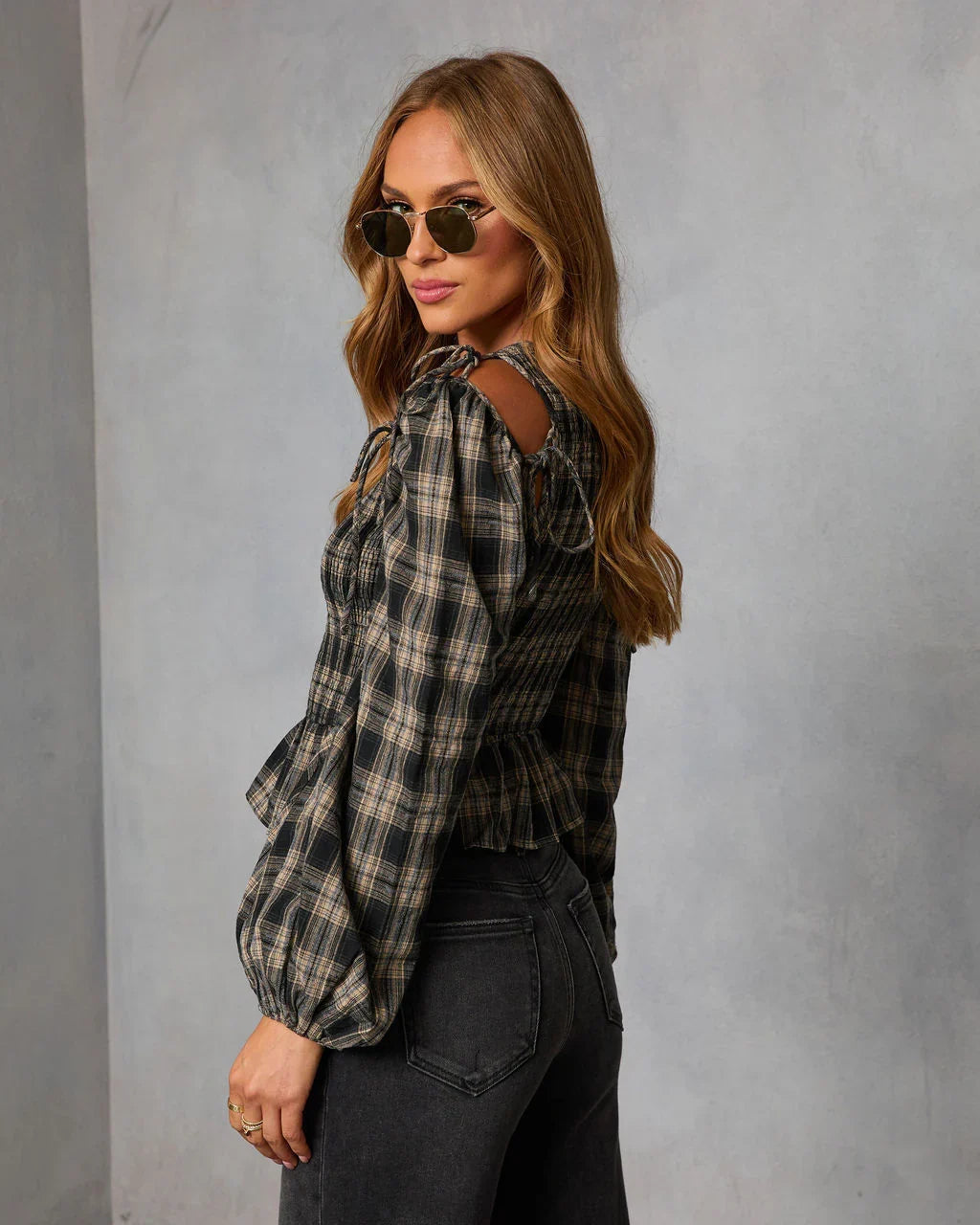 Veralie Smocked Plaid Peplum Top