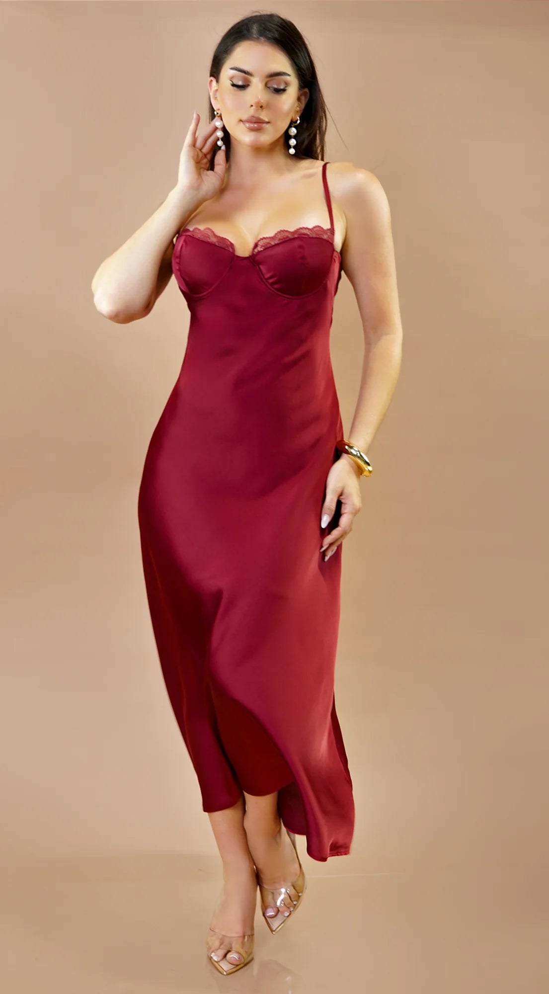Civelle Satin Maxi Dress Burgundy Red
