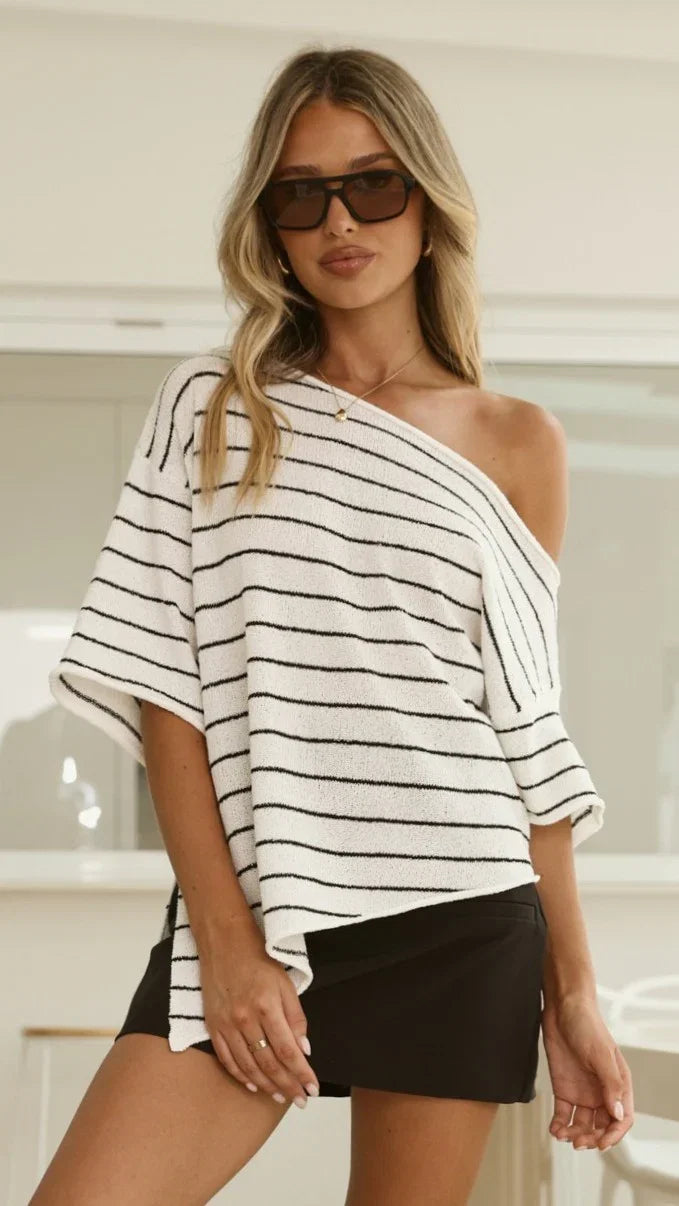 Blair Off Shoulder Tee White Black Stripe