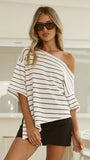 Blair Off Shoulder Tee White Black Stripe