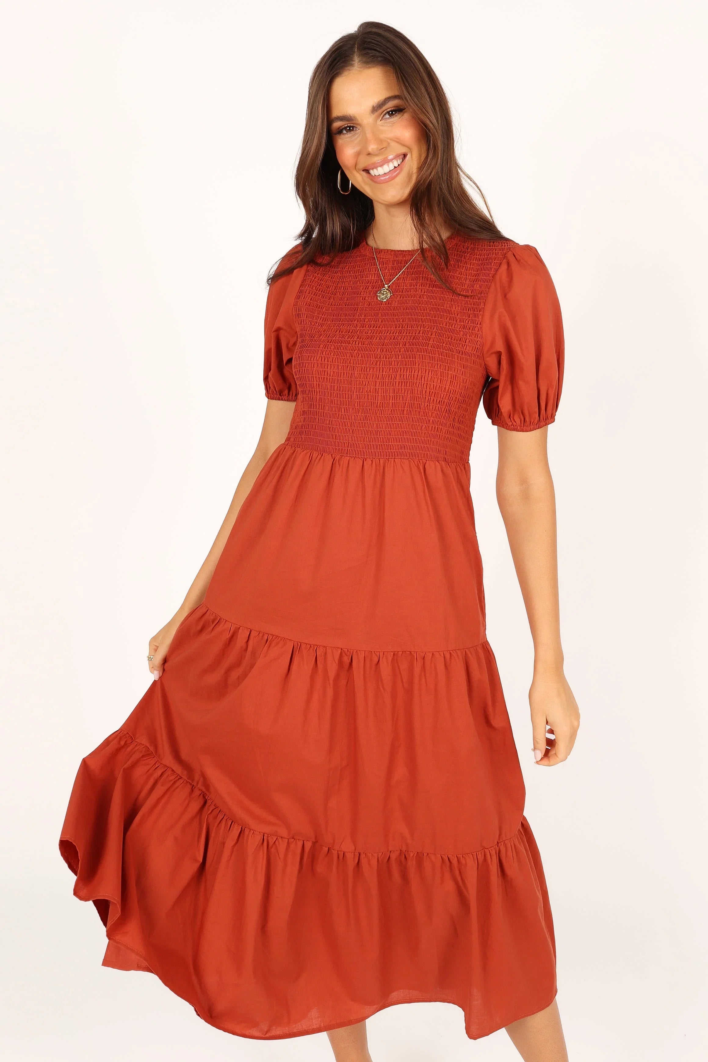 Naura Shirred Tiered Midi Dress Rust