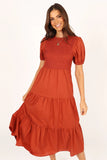 Naura Shirred Tiered Midi Dress Rust