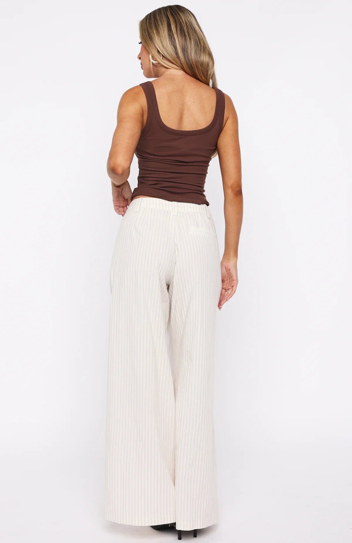 Office Romance Wide Leg Pants White Beige Stripe
