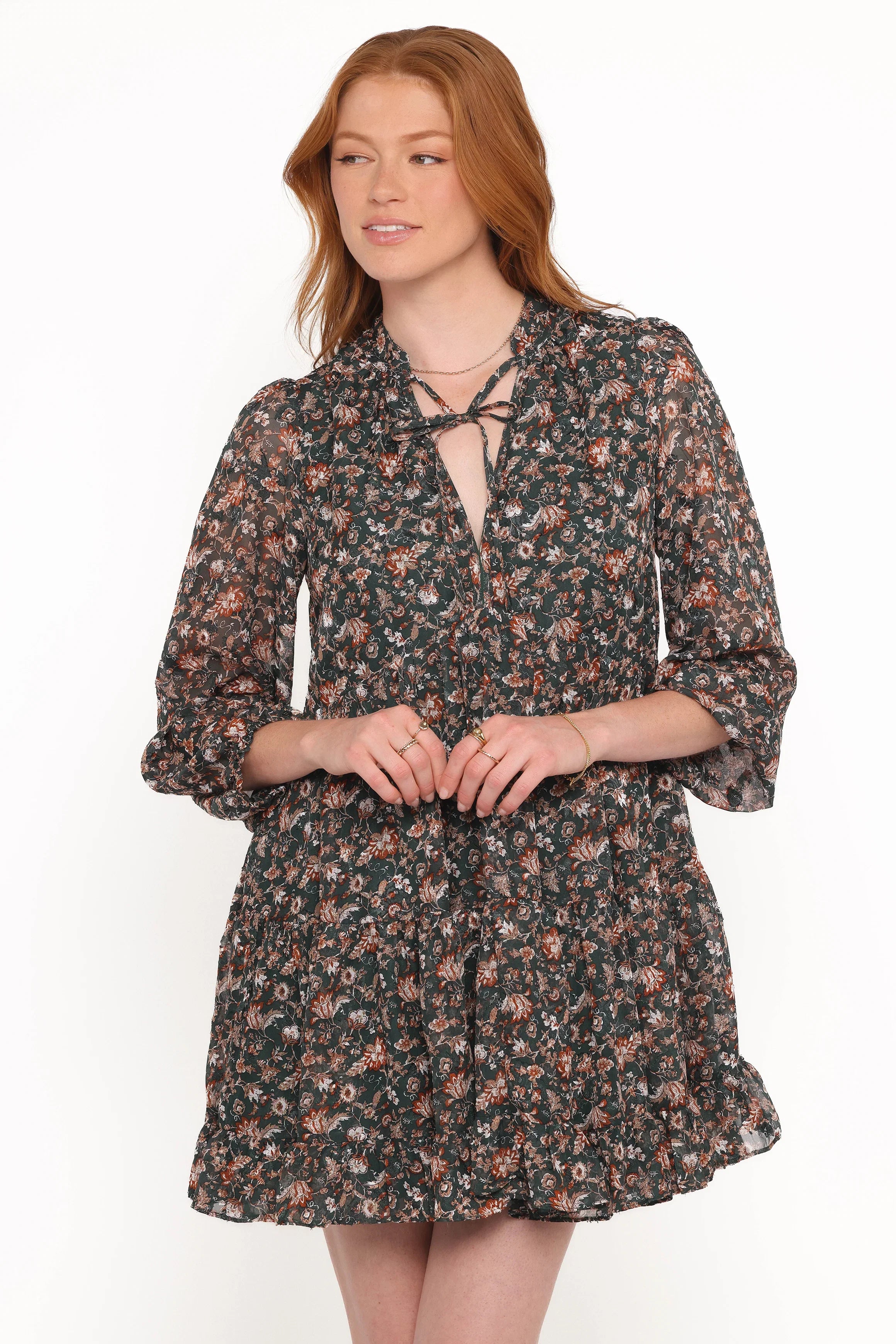 Jinny Long Sleeve Mini Dress Dark Green Multi
