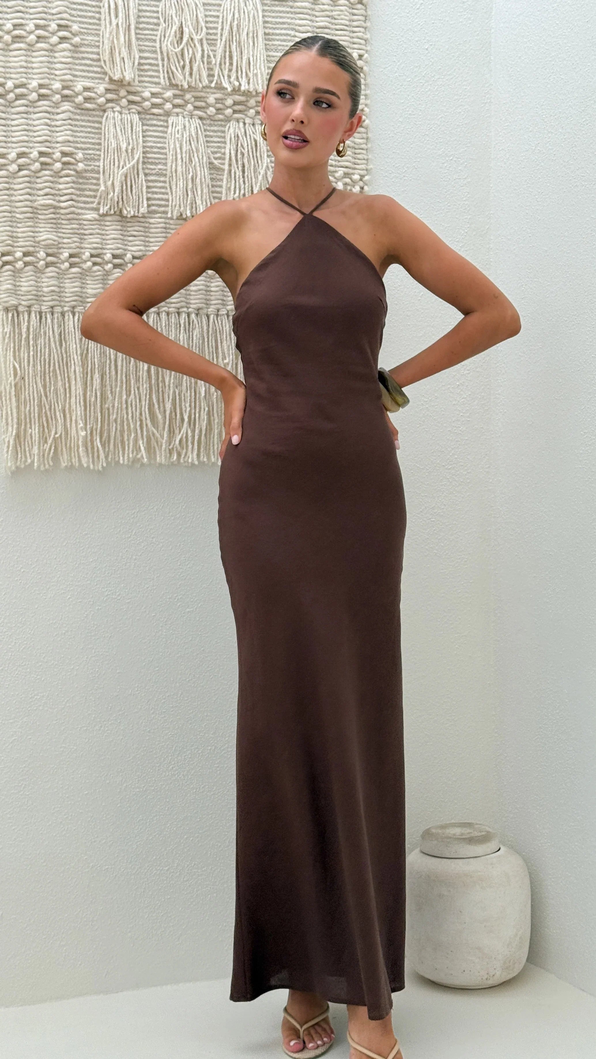 Chiara Linen Maxi Dress Chocolate