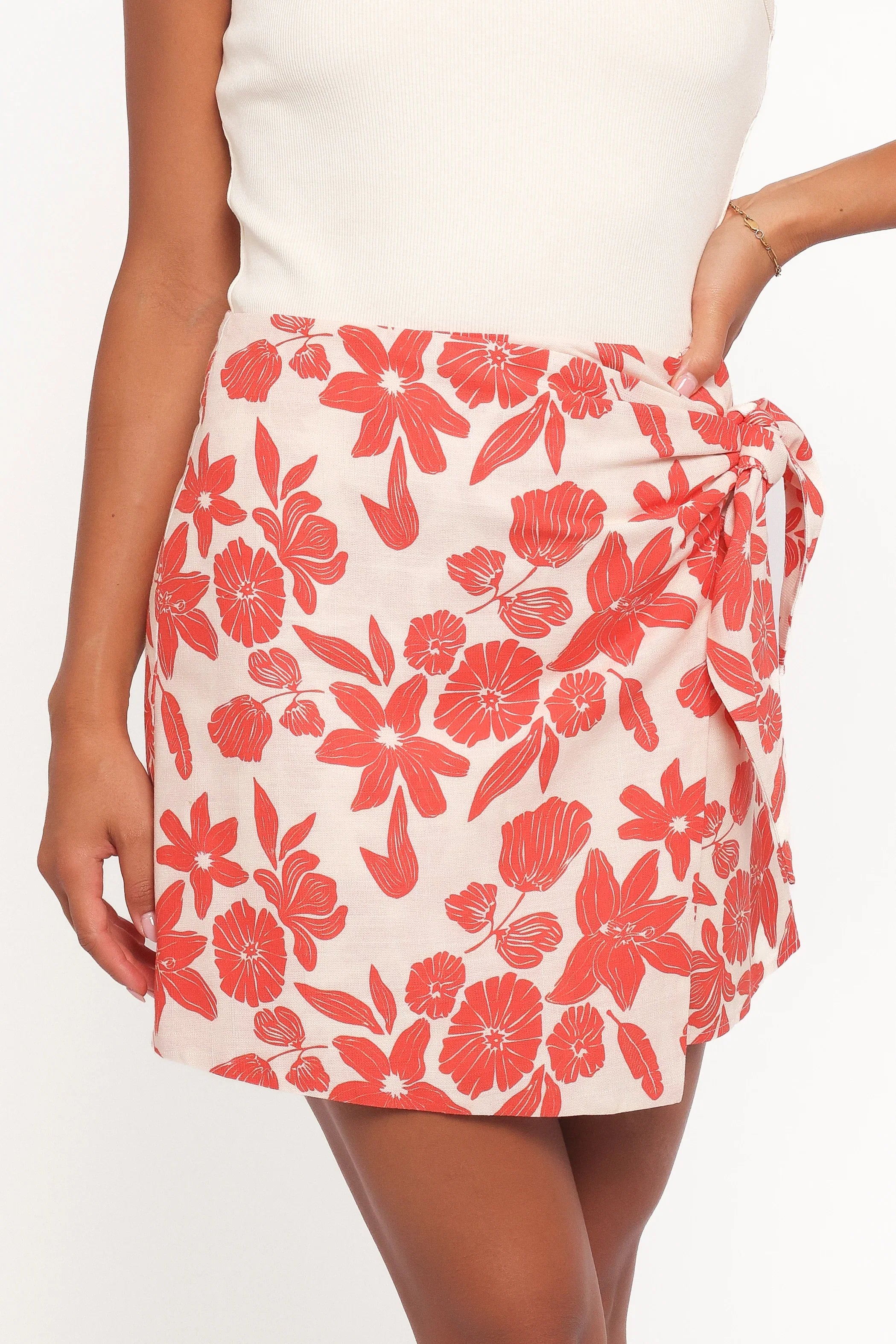 Calypso Wrap Mini Skirt Red Floral