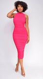 Delina High Neck Ruched Midi Dress Pink