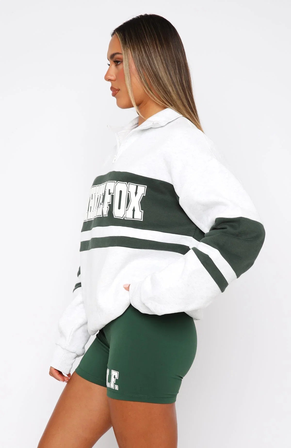 Decade Classics Varsity Zip Front Sweater Grey Marle Dark Green