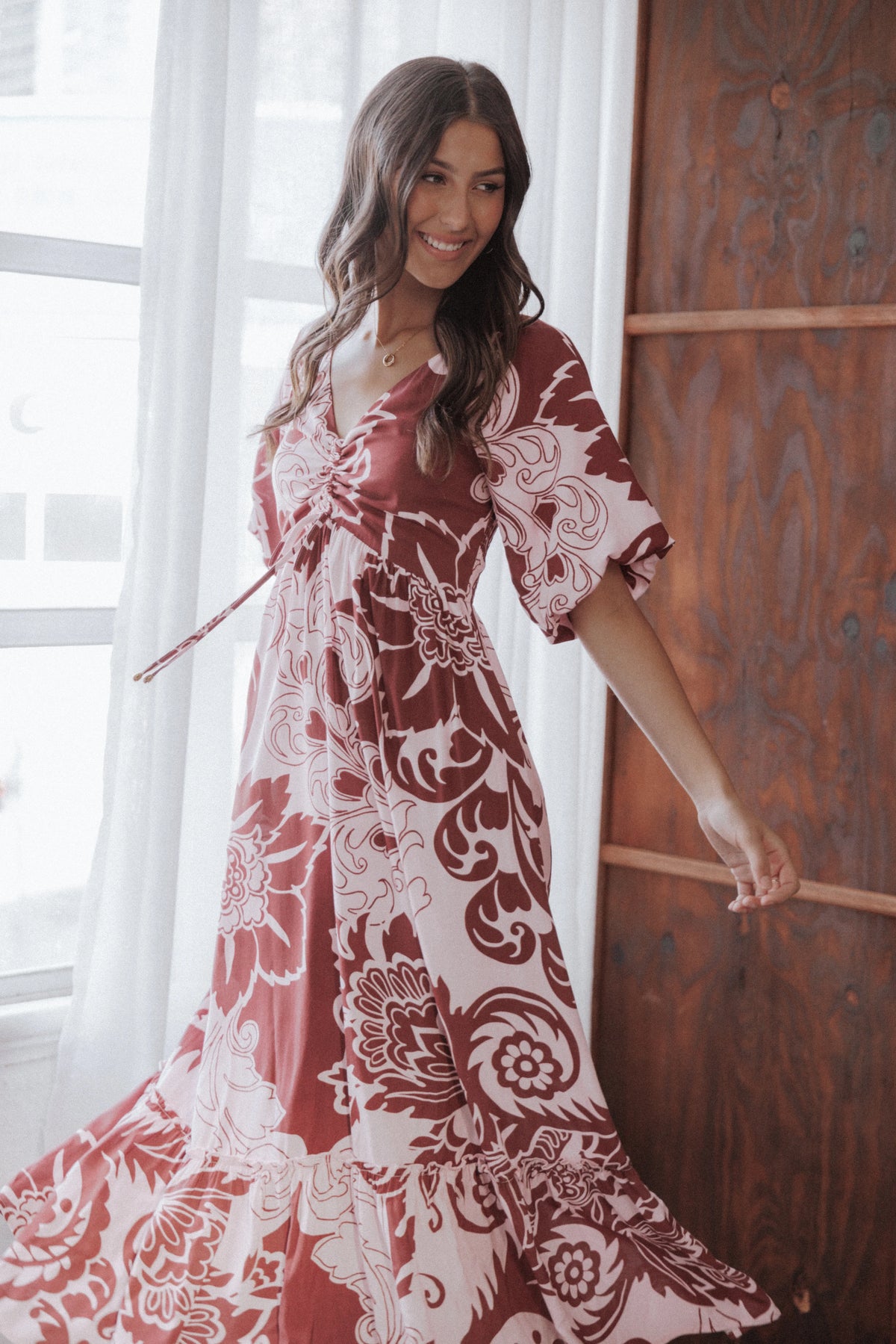 Shanae Maxi Dress Pink Brown Paisley