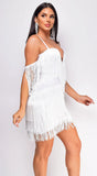 Julie Fringe Off The Shoulder Bandage Dress White