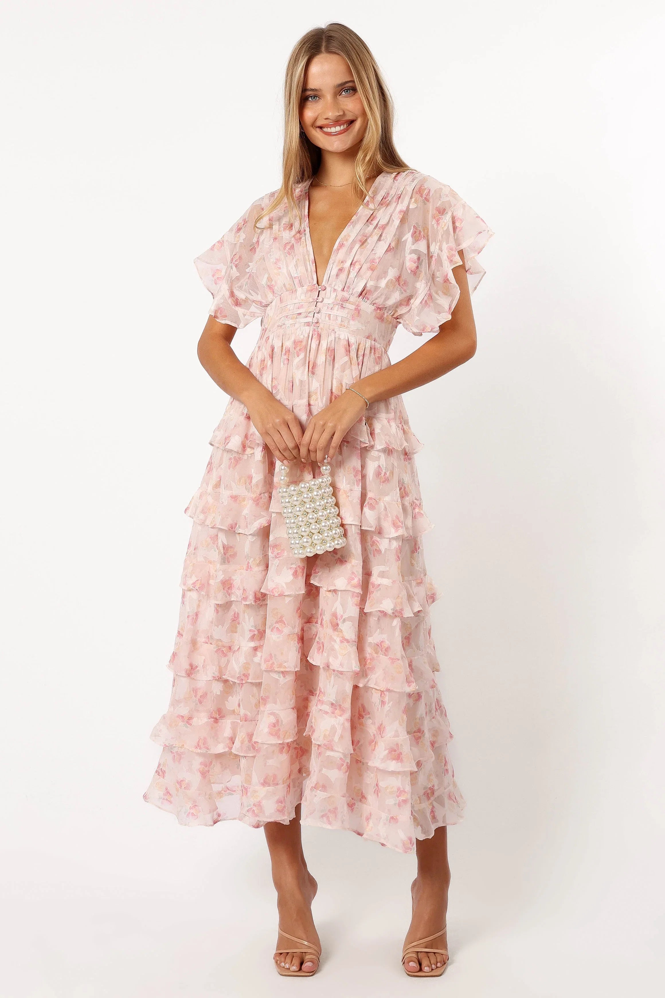 Daphne Ruffle Midi Dress Pink Orange