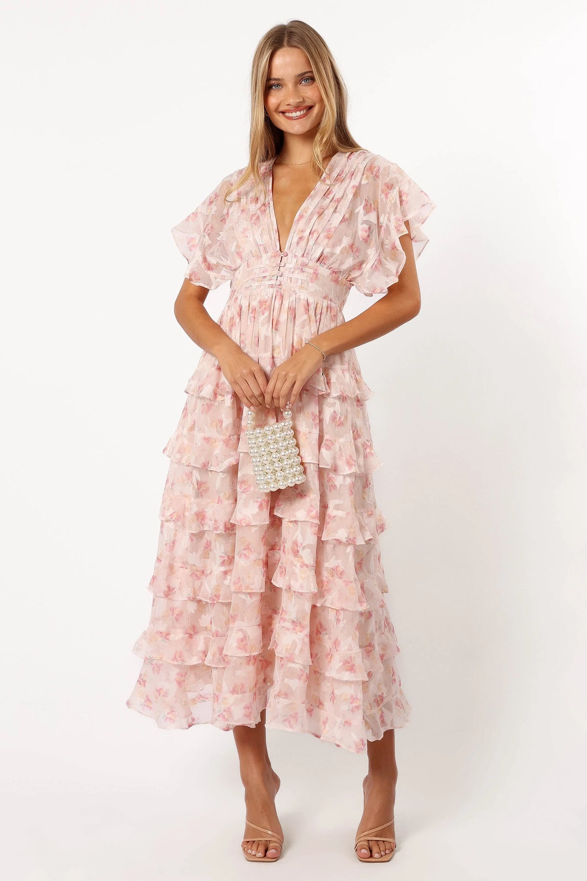 Daphne Ruffle Midi Dress Pink Orange