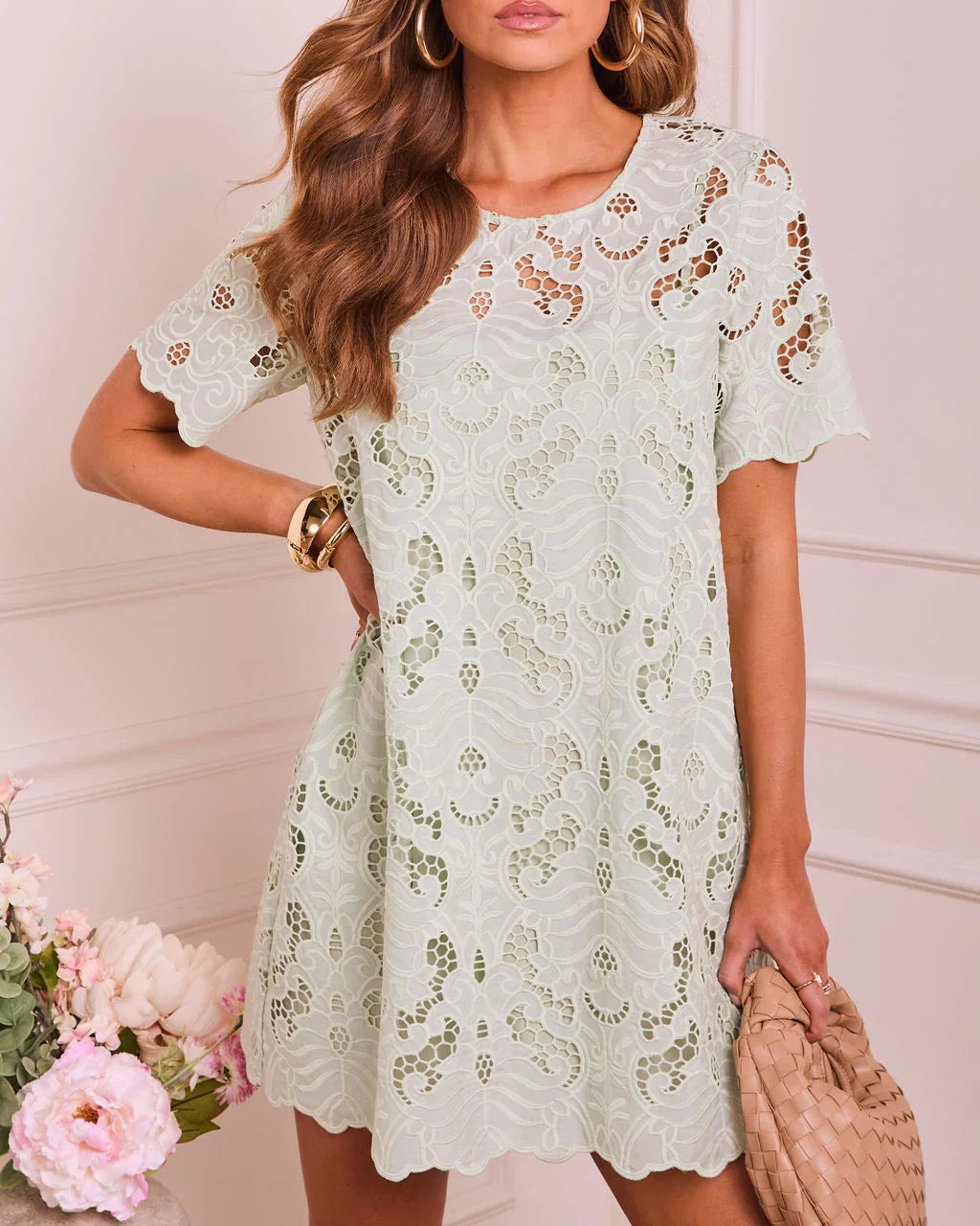 Velmia Lace Crochet Shift Mini Dress