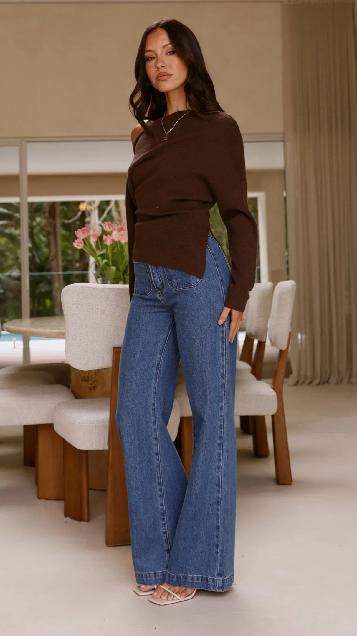 Eleora Long Sleeve Asymmetrical Top Brown