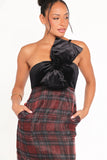 Amelie Bow Front One Shoulder Midi Dress Red Plaid
