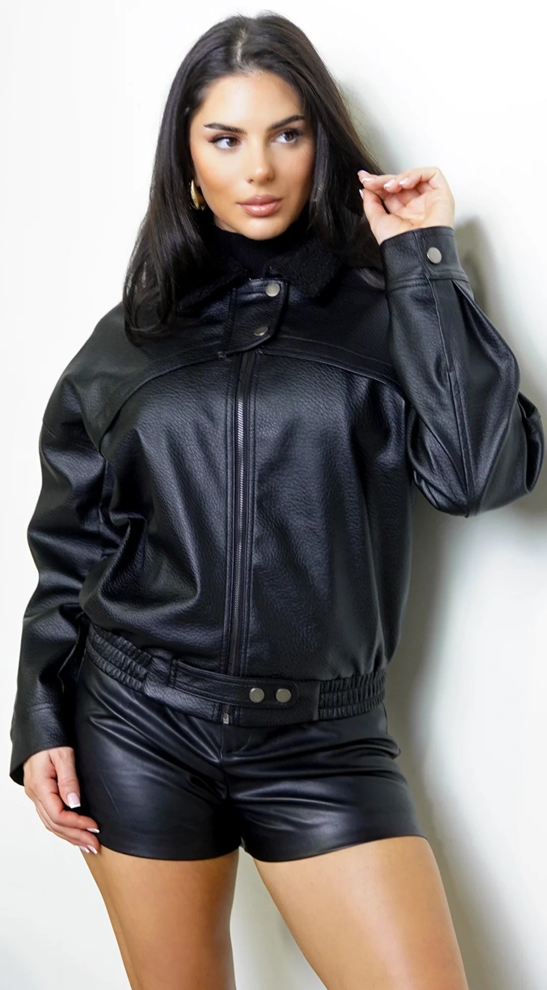 Rhéa Shearling Collar PU Leather Jacket Black
