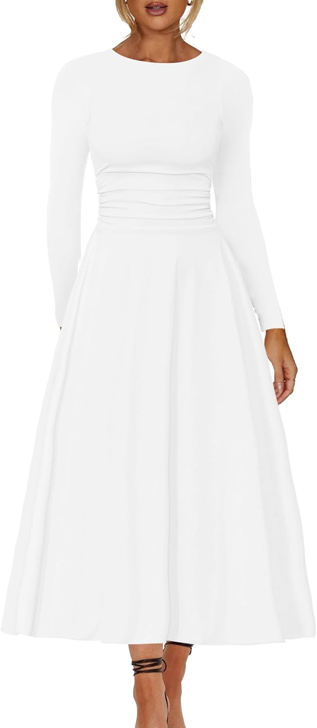 A Line Maxi Dress Ruffle Ruched Waist Flowy Long Dress