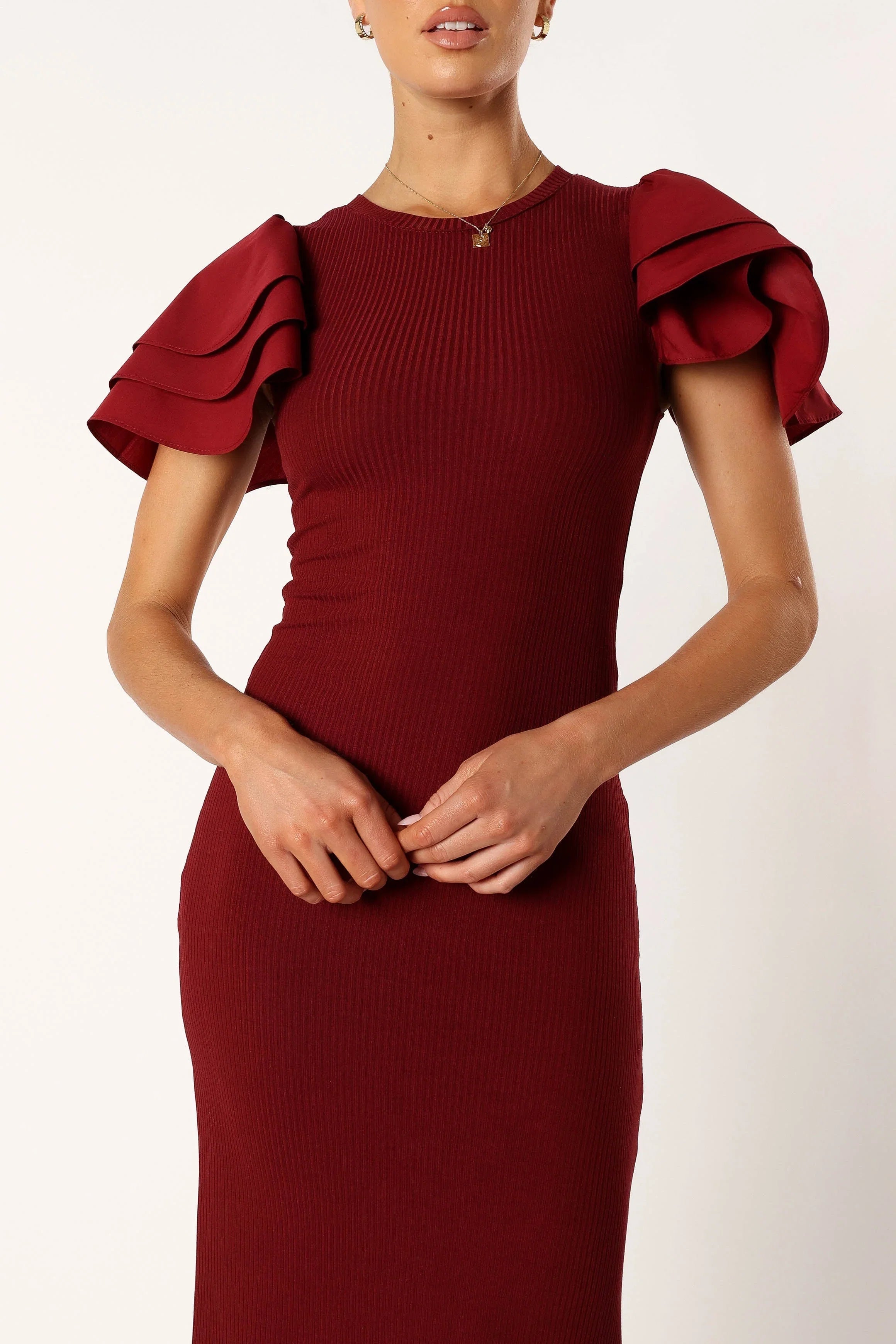 Cally Ruffle Sleeve Midi Dress Wine