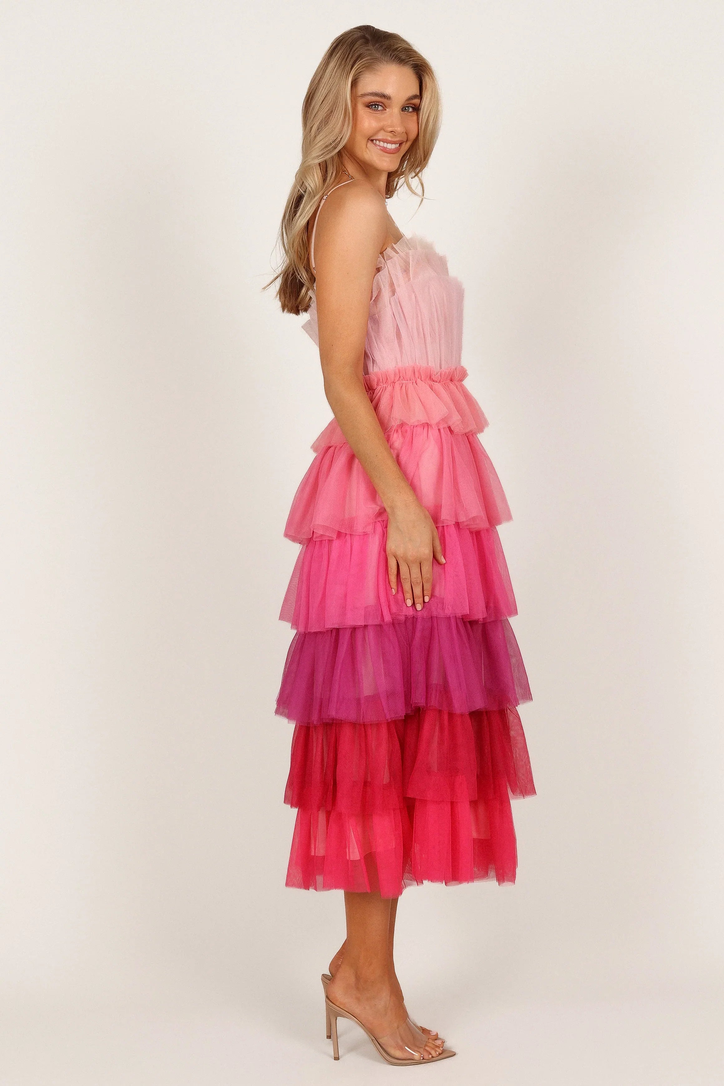 Minnie Tiered Tulle Midi Dress Pink
