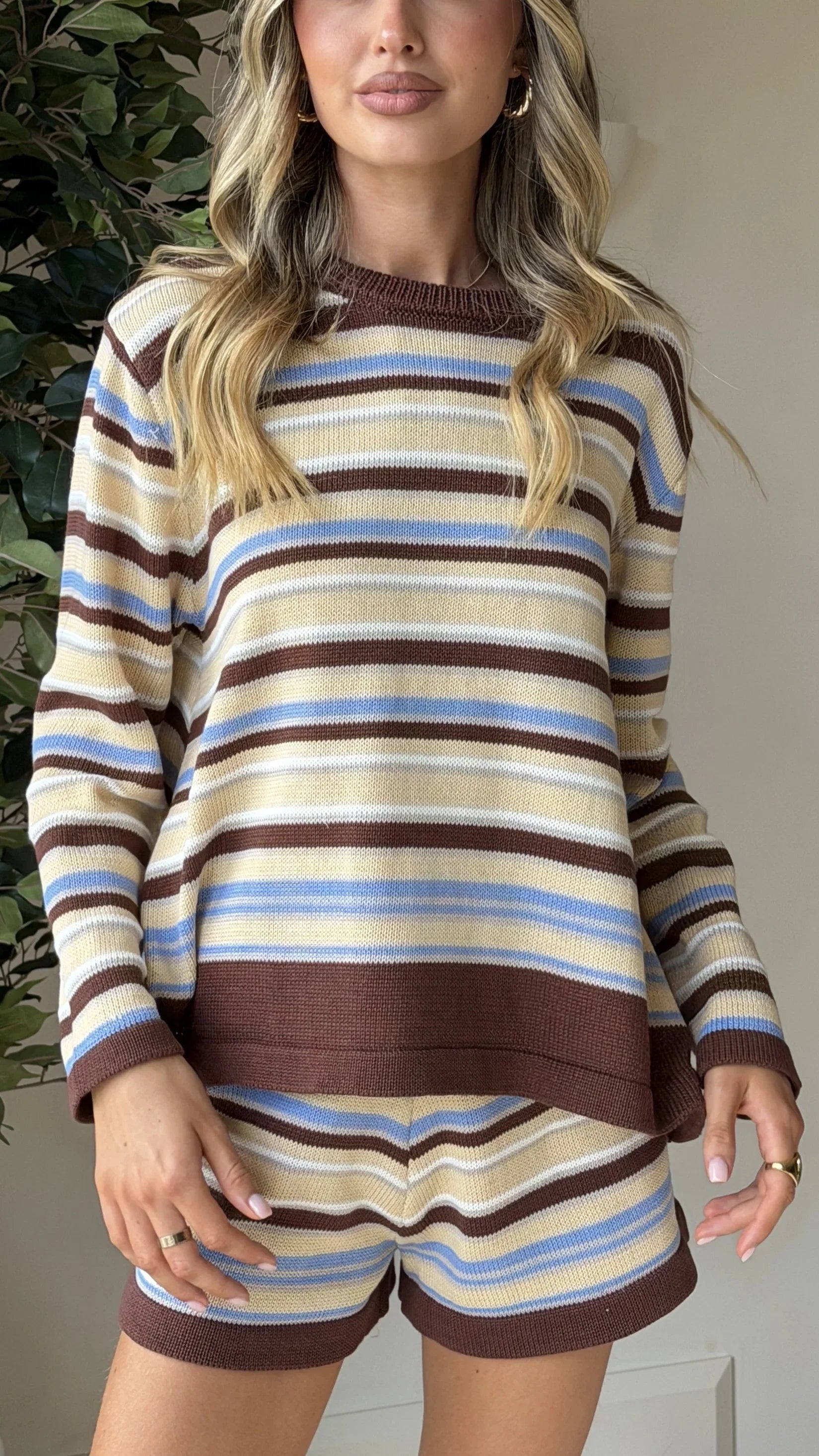 Bailey Knit Top and Shorts Set Beige Chocolate