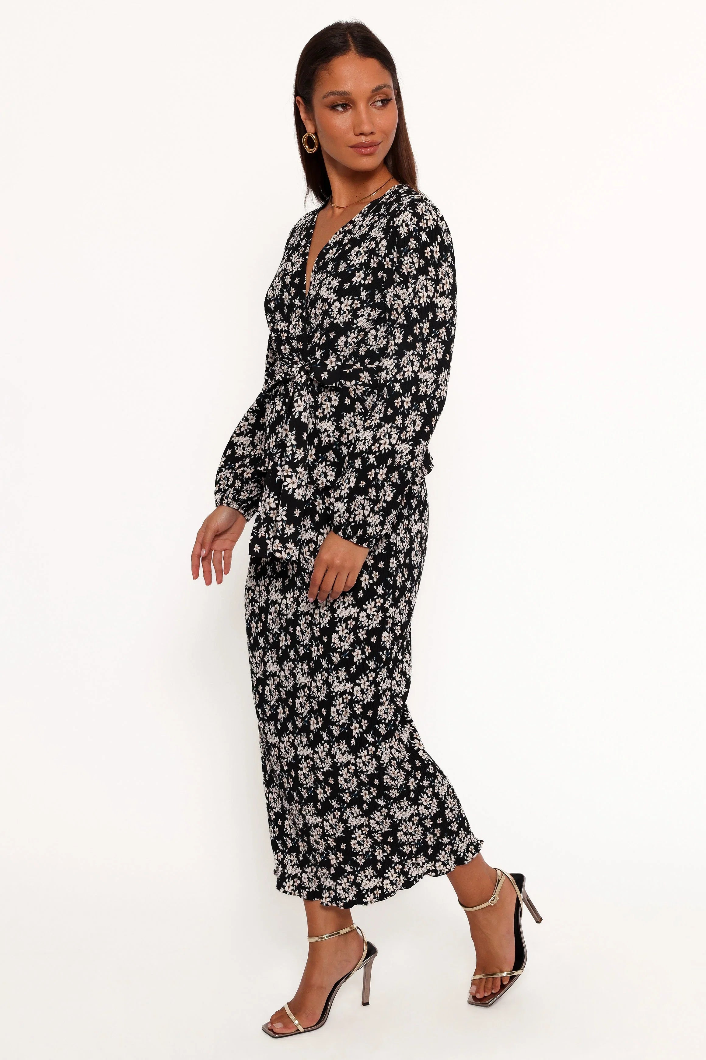 Minelli Pleat Midi Skirt Black White Floral