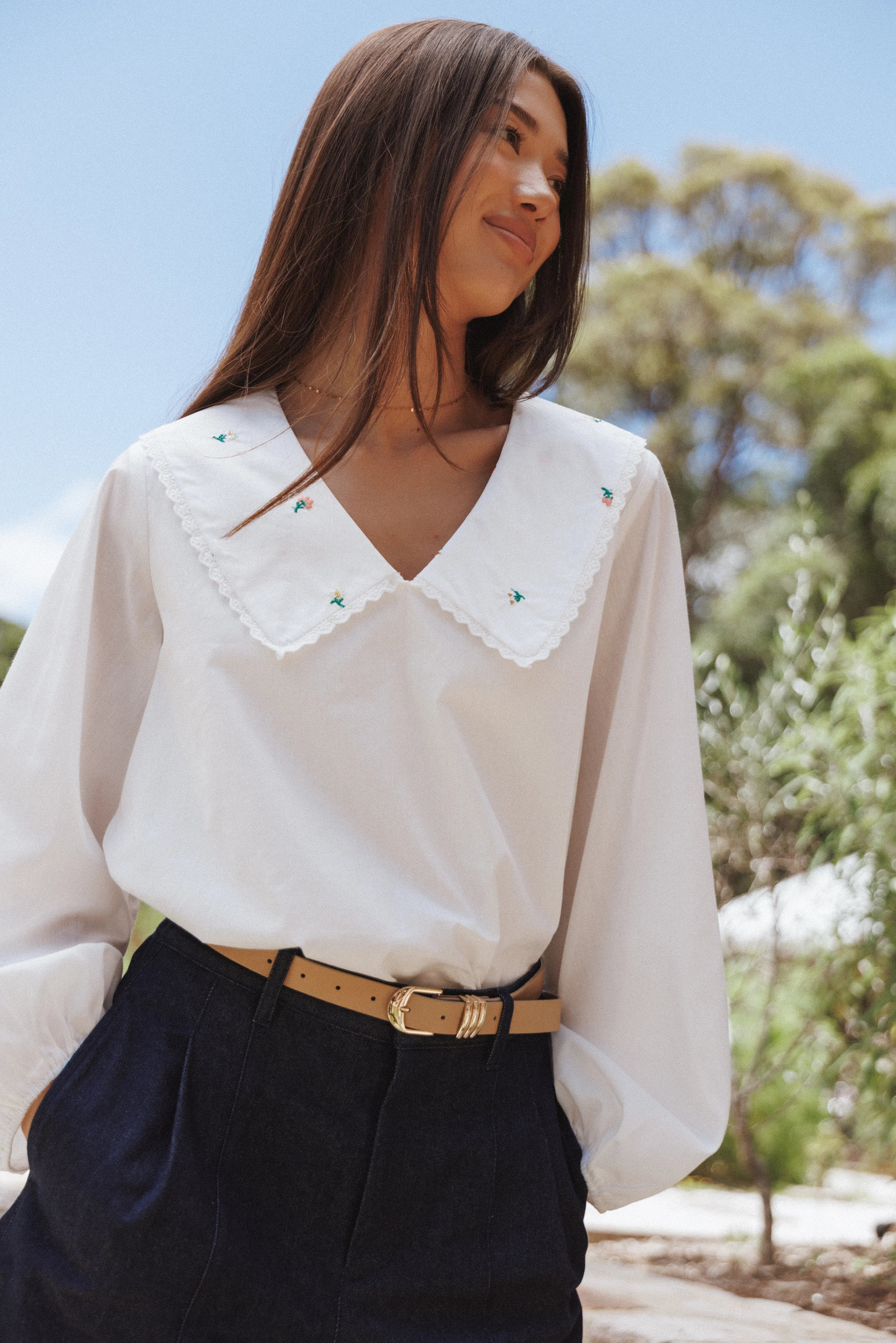 Kenna Embroidered Long Sleeve Top White Floral