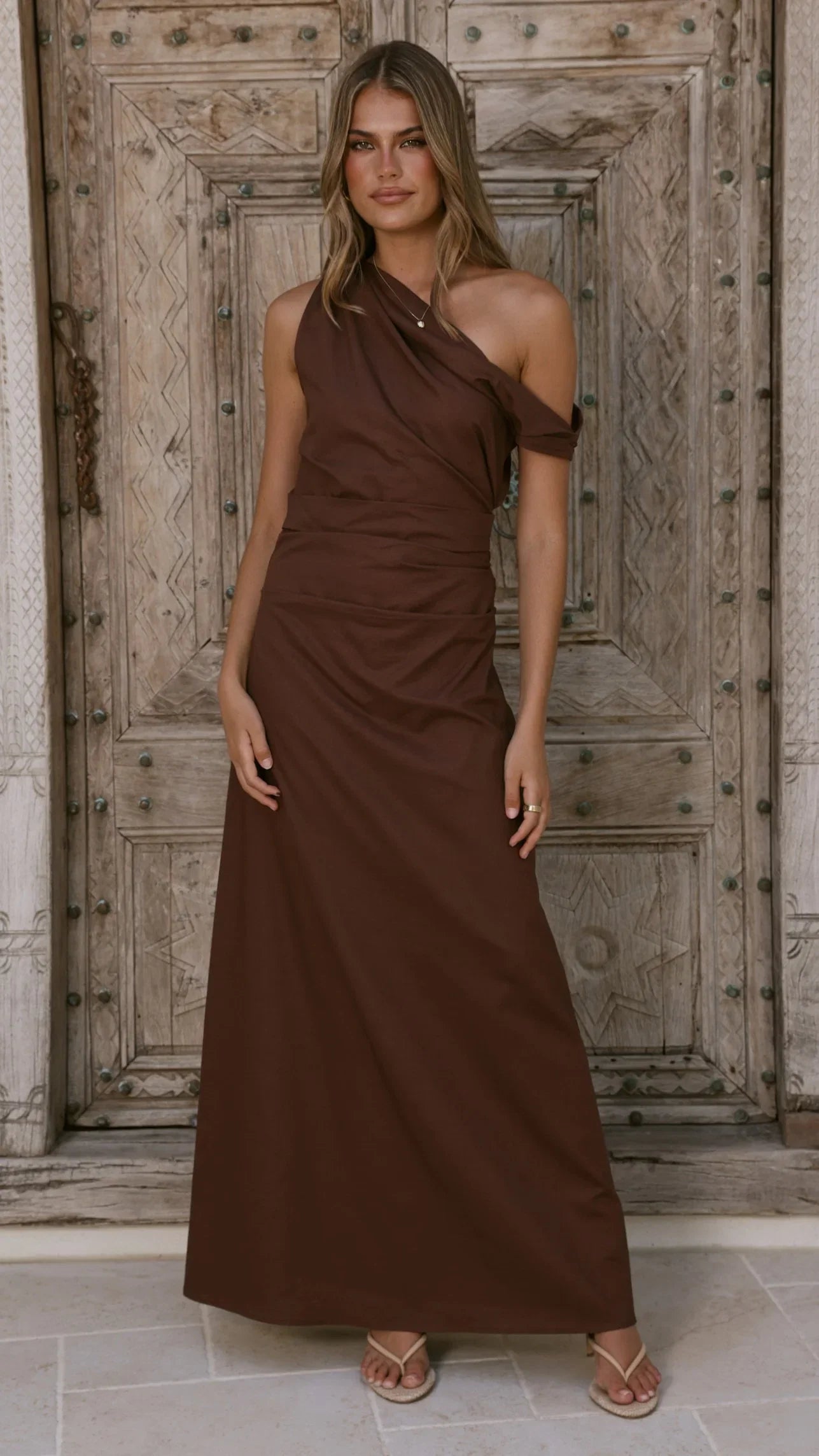 Larissa One Shoulder Maxi Dress Brown