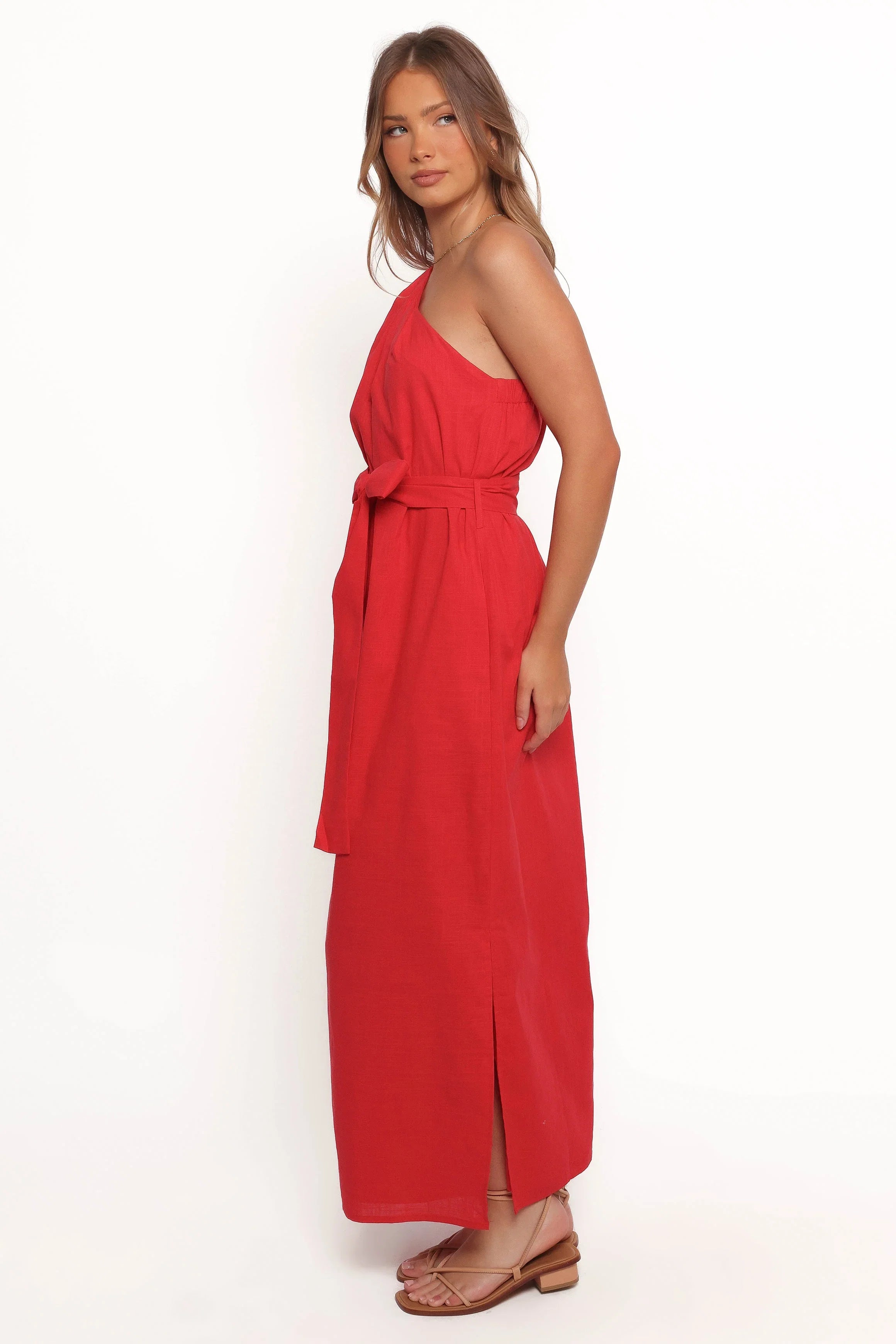 Roma One Shoulder Midi Dress Red