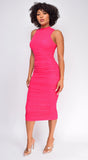 Delina High Neck Ruched Midi Dress Pink