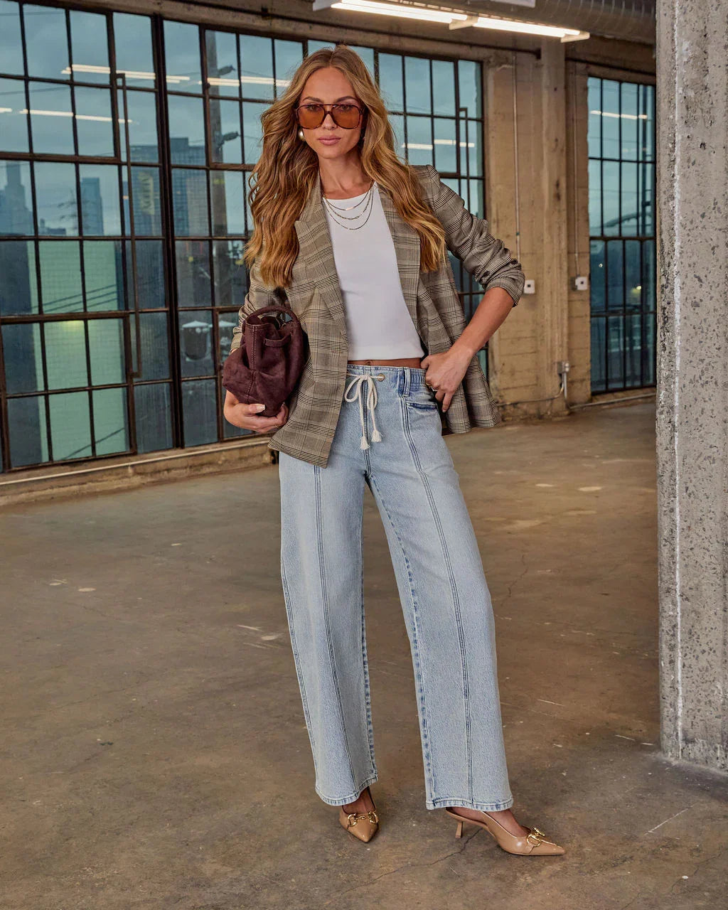 Berner Stretch High Rise Wide Leg Drawstring Pintuck Jeans