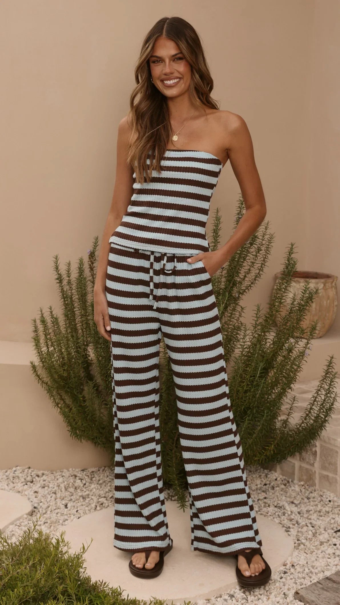 Milla Strapless Top Pants Set Brown Blue Stripe