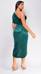 Velda Green One Shoulder Velvet Midi Dress