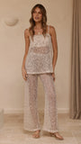 Zarina Sequin Long Line Top and Pants Set Beige