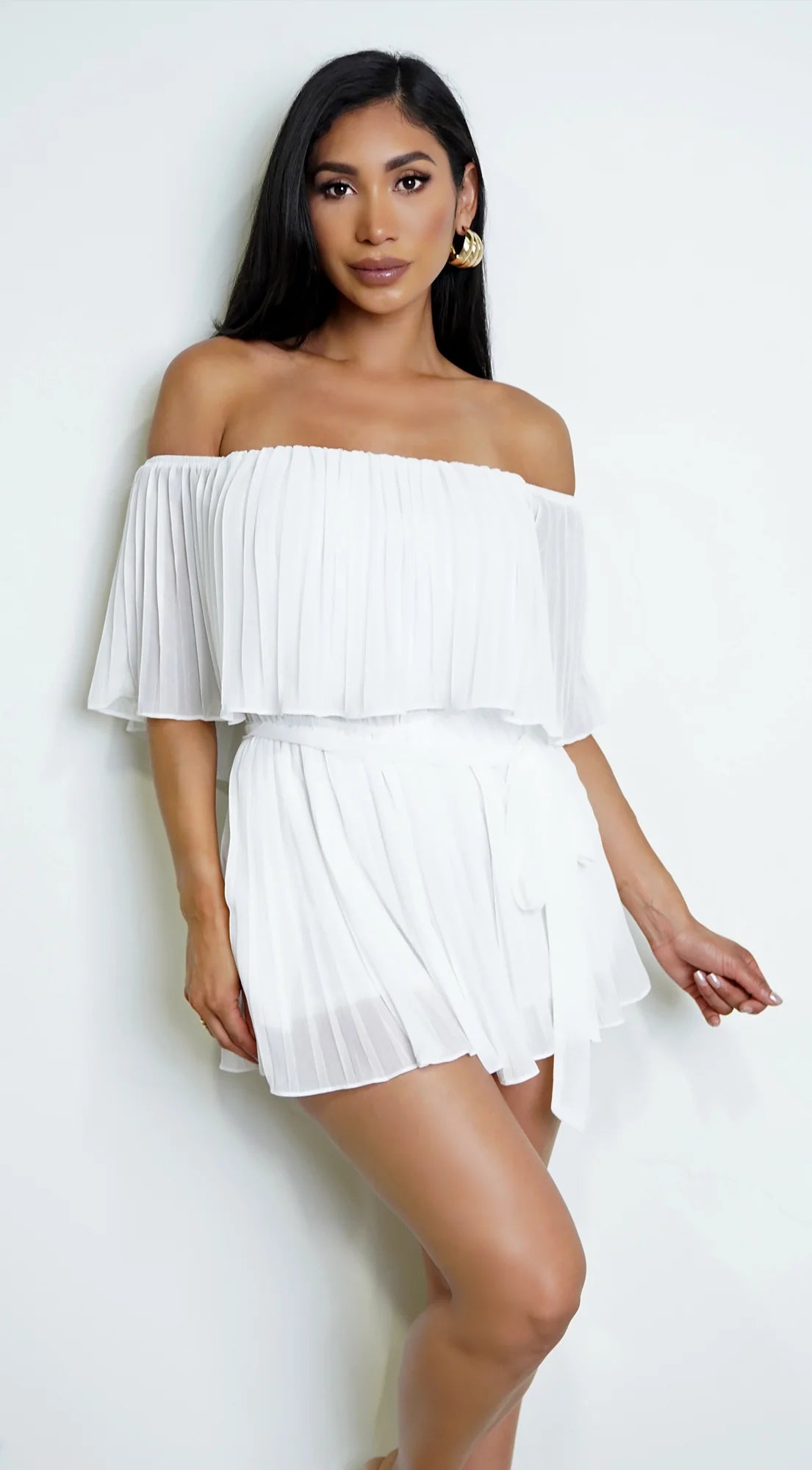 Jazmin Off Shoulder Pleated Romper White