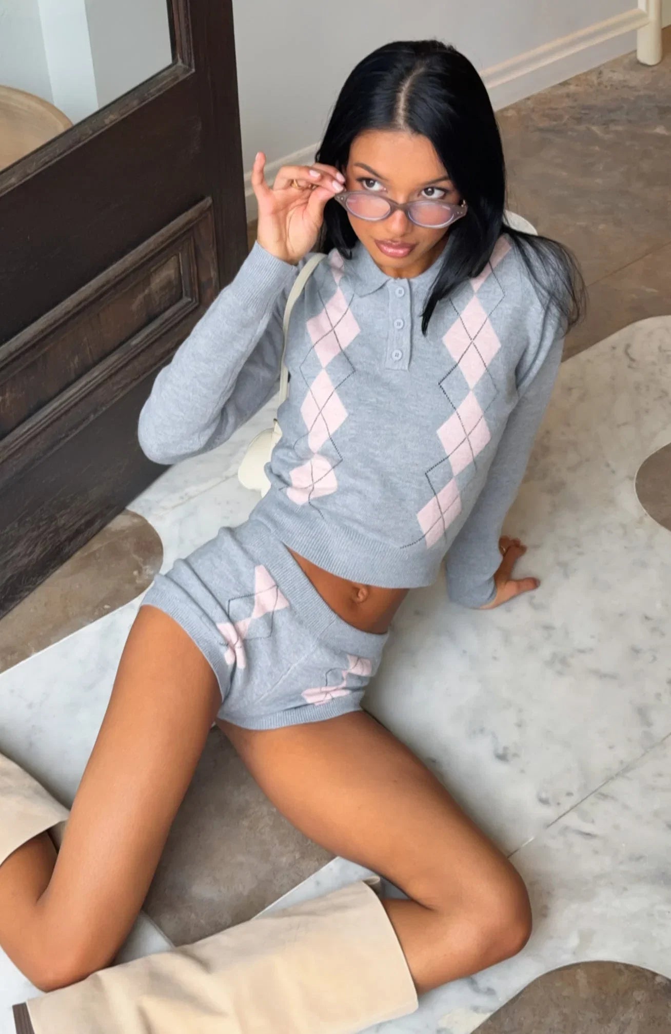 Candy Grid Argyle Knit Top Grey Pink